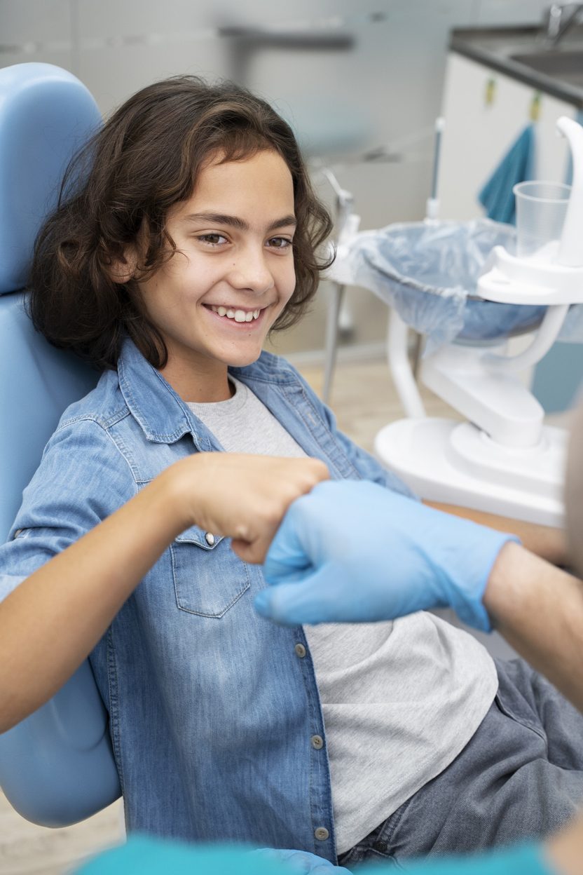 Smiling child sitting in an orthodontic chair