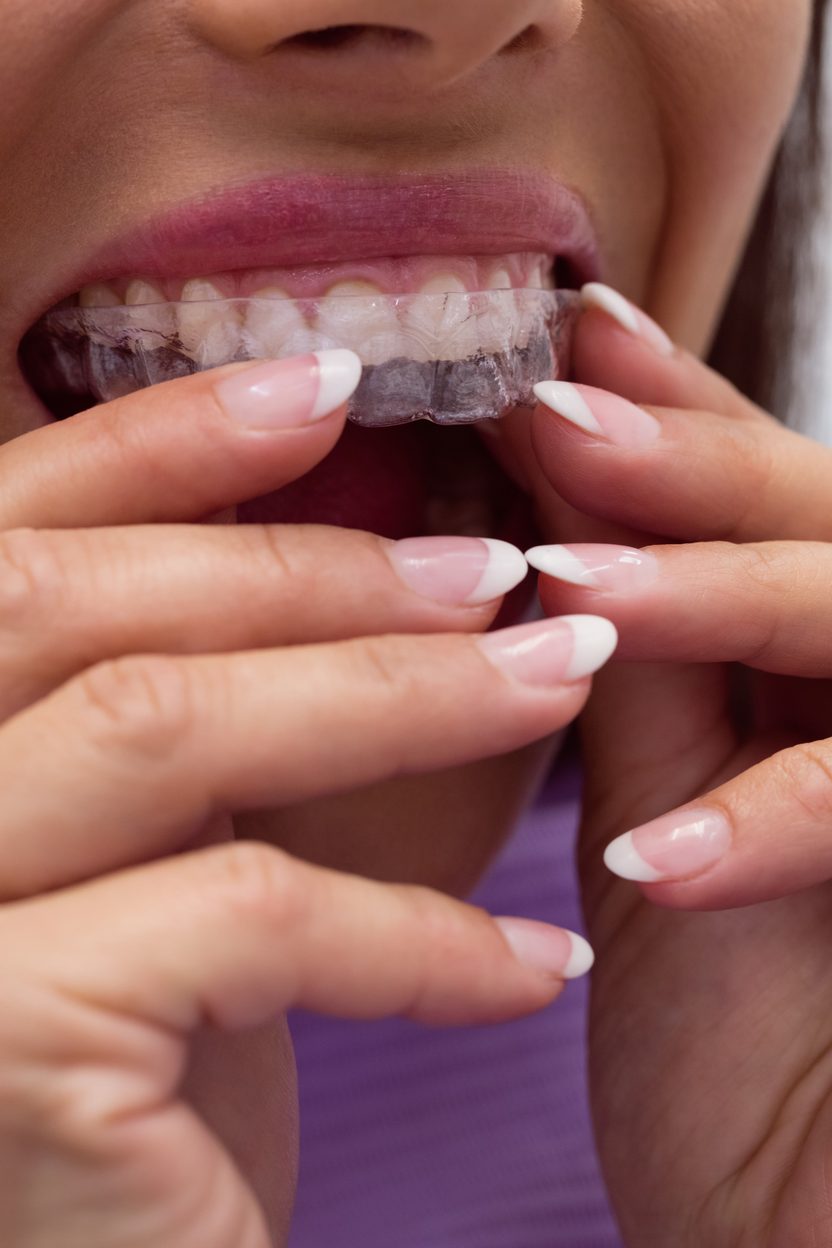 Adult putting in a clear aligner